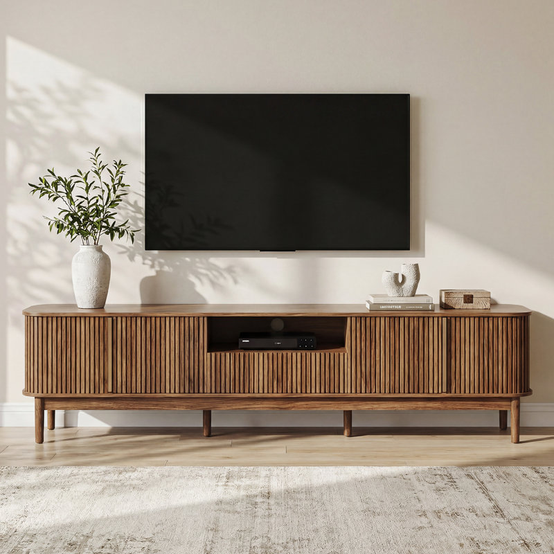 86,6 po. Meuble audio-vidéo avec porte coulissante, grand meuble télé pour téléviseur de 85 po ou moins, brun, Brun