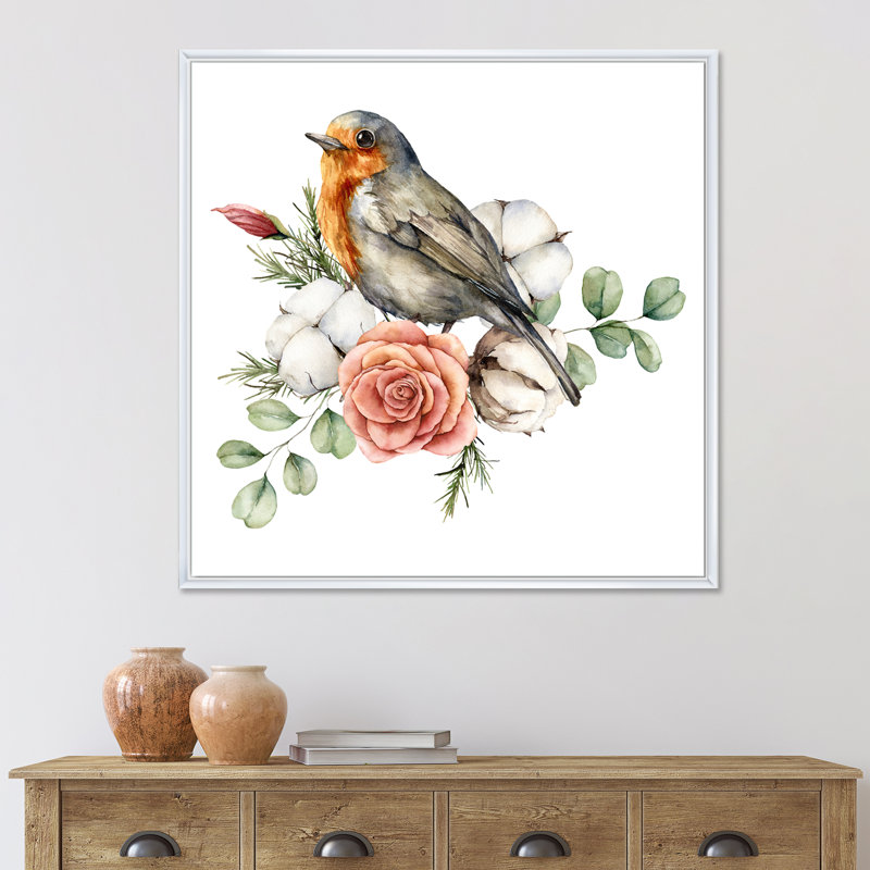 «Robin Redbreast with Cotton Rose and Leaves», peinture sur toile à cadre flottant, H 30 po x l 30 po x P 1 po