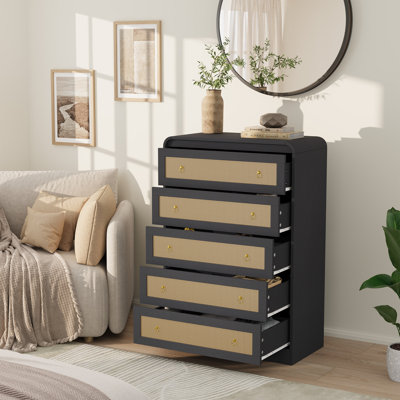  Modern 5 Drawer Rattan Dresser – Rounded Corner Wooden Chest – Multi-Use Storage Cabinet for Bedroom, Living Room, or Hallway – TV Stand – Black Embossed with Woven Rattan Finish