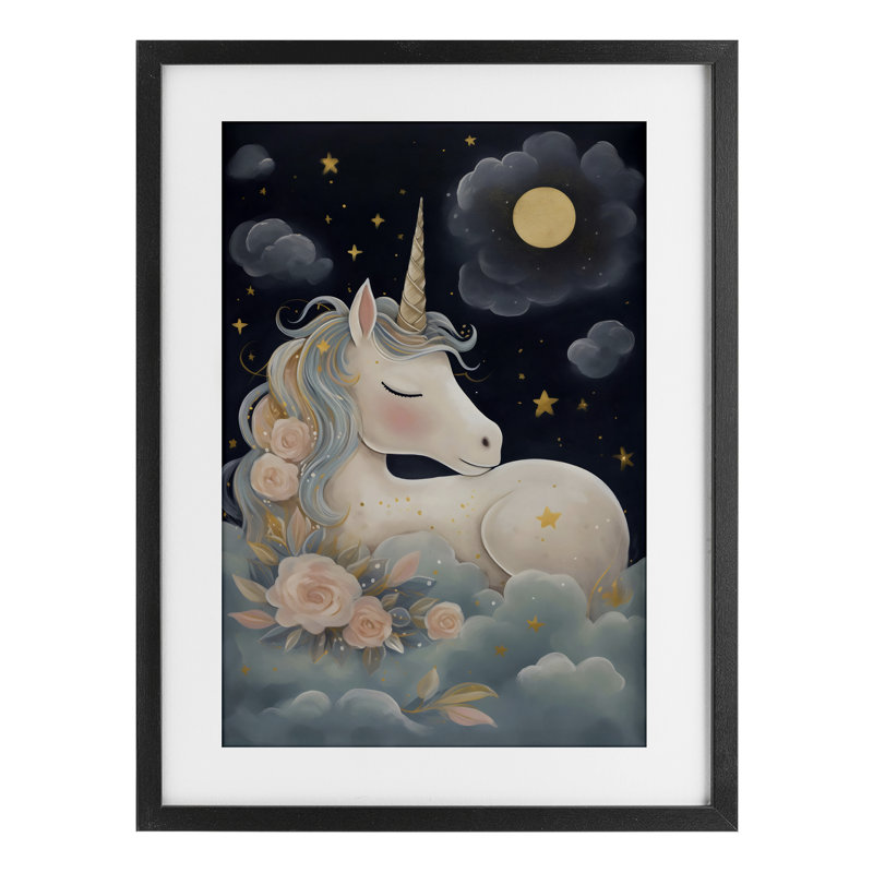 Licorne entourée de nuages, reproduction encadrée sous verre, design by Creative Studio, H 20 po x l 14 po, Cadre noir minuit