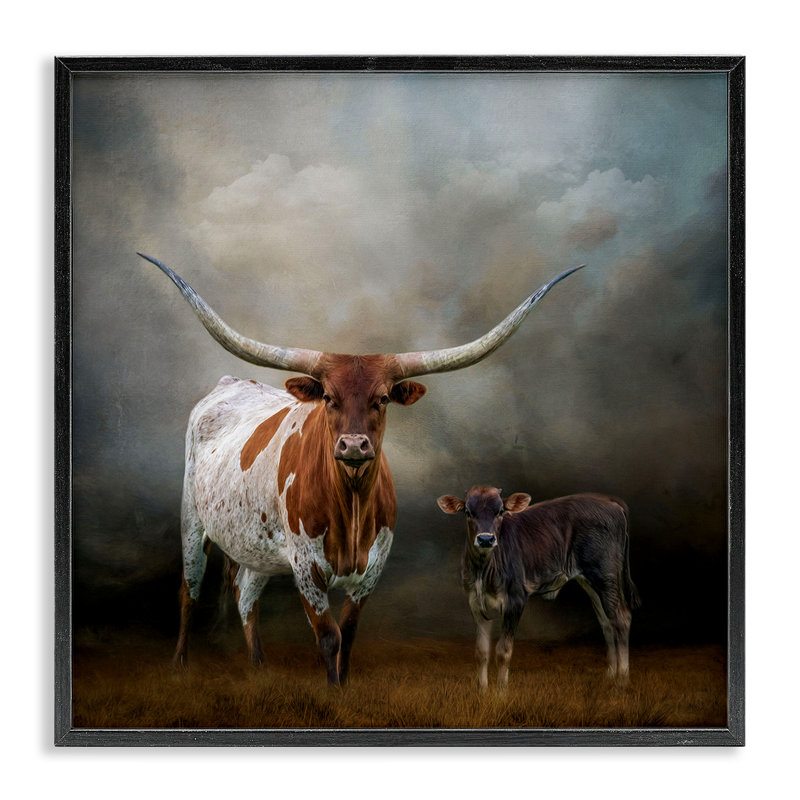 Art à giclée de longhorn et de veau par Kelley Parker, Giclée encadrée noir minuit, H 12 po x l 12 po