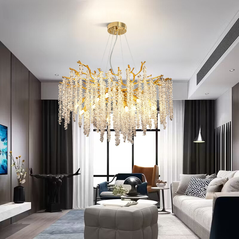 Modern Tree Branch Crystal Chandelier, 31.5", G9 Base (No Bulb)