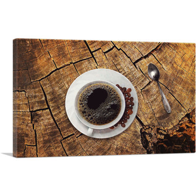 «Coffee on Wooden Table Coffee Shop Decor», reproduction de photo sur toile tendue