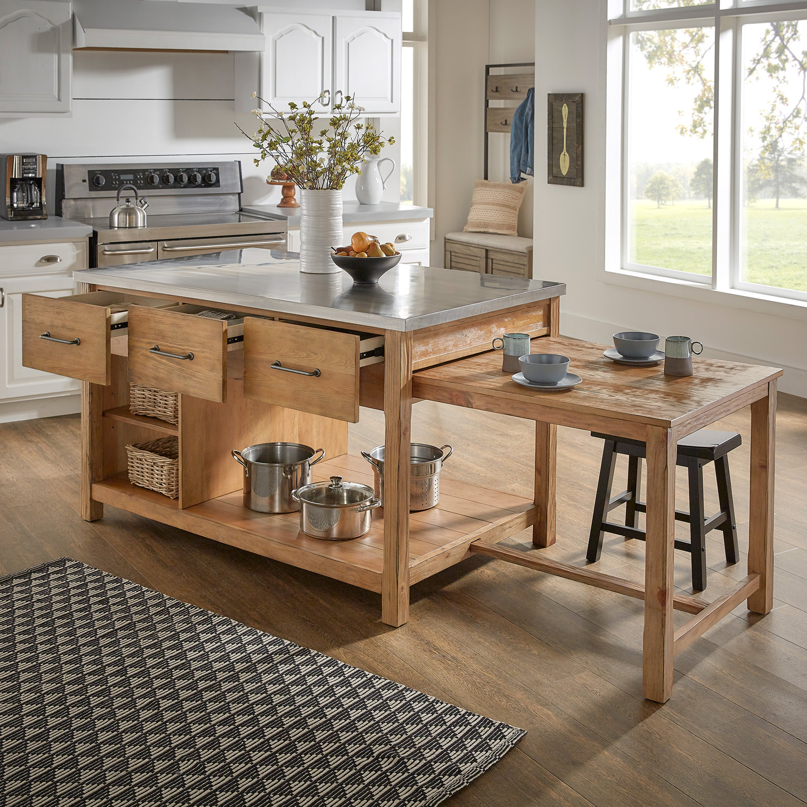 Tinka 3-Drawer Rectangle Pine Kitchen Island , Stainless Steel, Natural