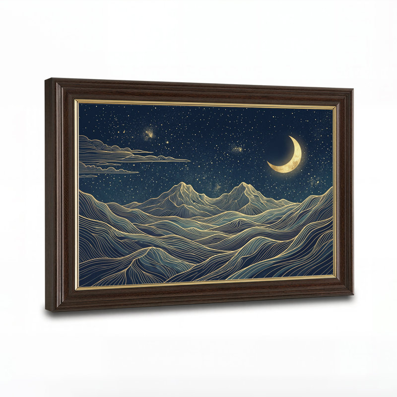 Toile murale représentant des montagnes sous un croissant de lune doré (dessin au trait), H 12 po x l 18 po
