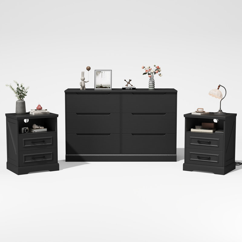 Ensemble de chambre à coucher 3 pièces Meserve - Ensemble de commode double 6 tiroirs l 47,2 po et table de chevet 2 tiroirs avec station de charge