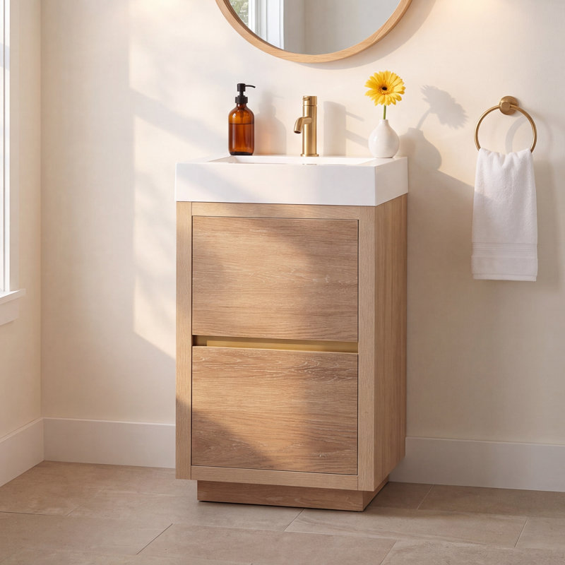Beira 17.7'' Single Bathroom Vanity with Composite Top, North American Oak, White
