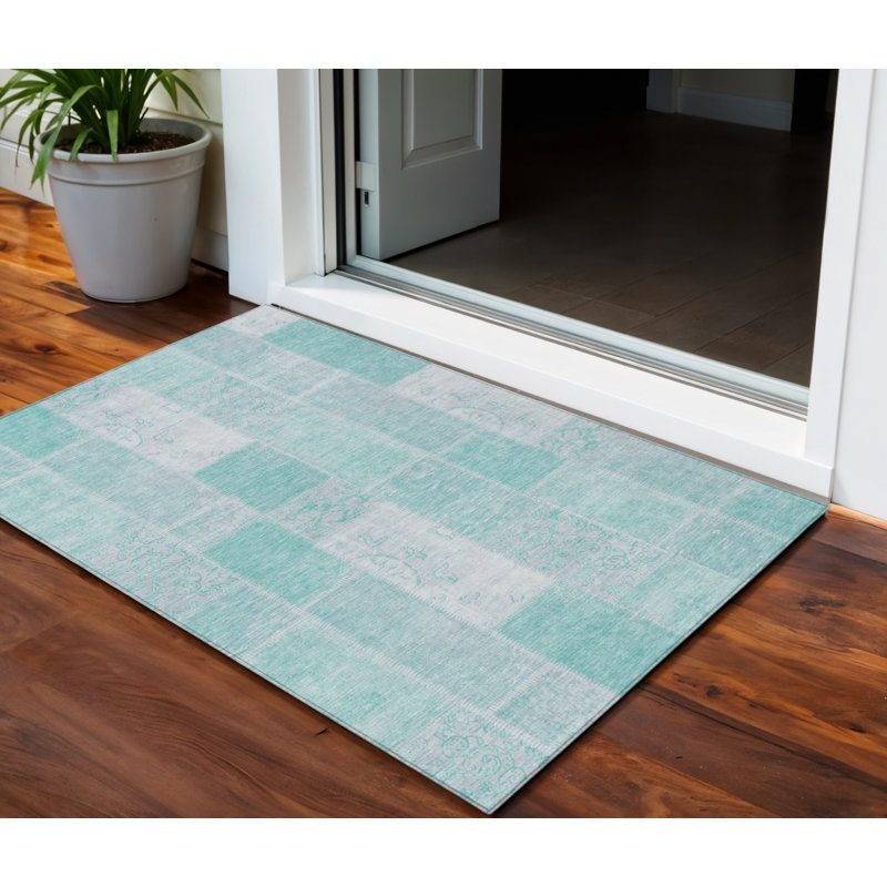 Tapis d'extérieur lavable bleu sarcelle 3 pi x 5 pi bleu et argent