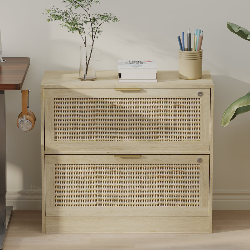 31.1"W Rattan File Cabinet With 2 Drawer & Lock, Natural Wood