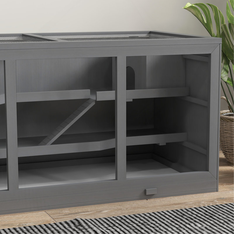 Très grande cage à hamster en bois, cage à gerbille et autres petits animaux, hamster avec toit ouvrant, cabane, rampes, gris