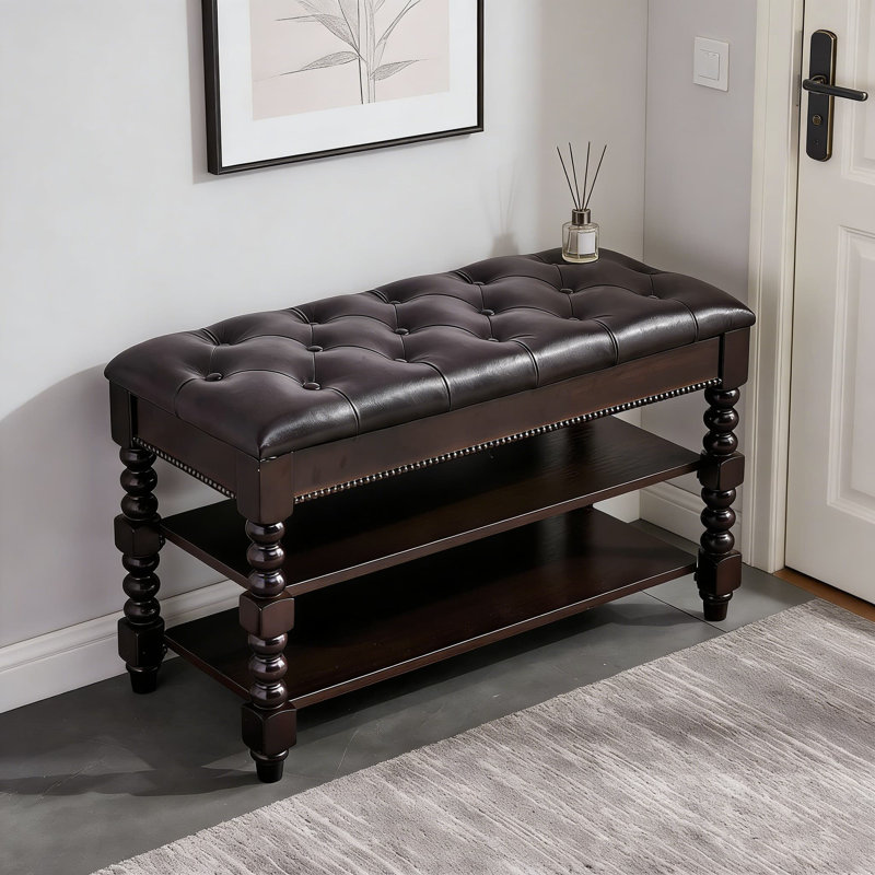 Banc de rangement en bois massif avec coussin et compartiment rabattable - étagère à chaussures, organisateur et tabouret de salon