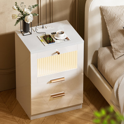 Night Stand with Charging Station LED Light Wood Nightstand in White Bed Side End Table Gotthilf