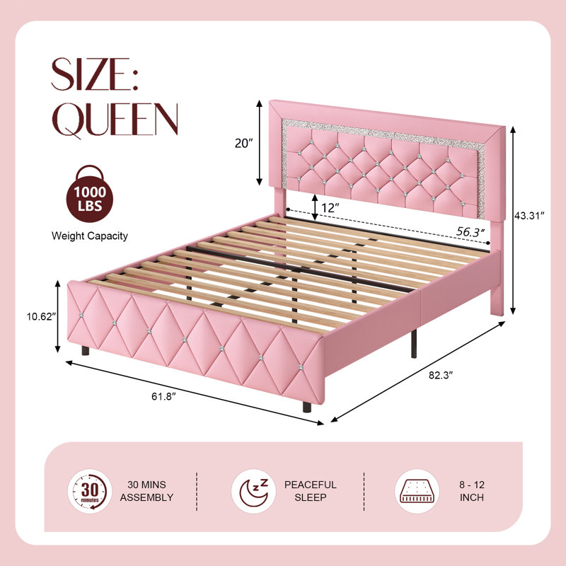 Alber Faux Leather Diamond Tufted Platform Bed - Headboard Included, Queen, Pink