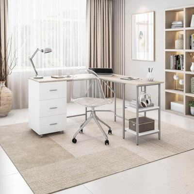 Bureau en L à deux tons avec tiroirs et tablettes de rangement, bureau d'ordinateur de coin moderne pour le bureau personnel, le travail et l'écriture