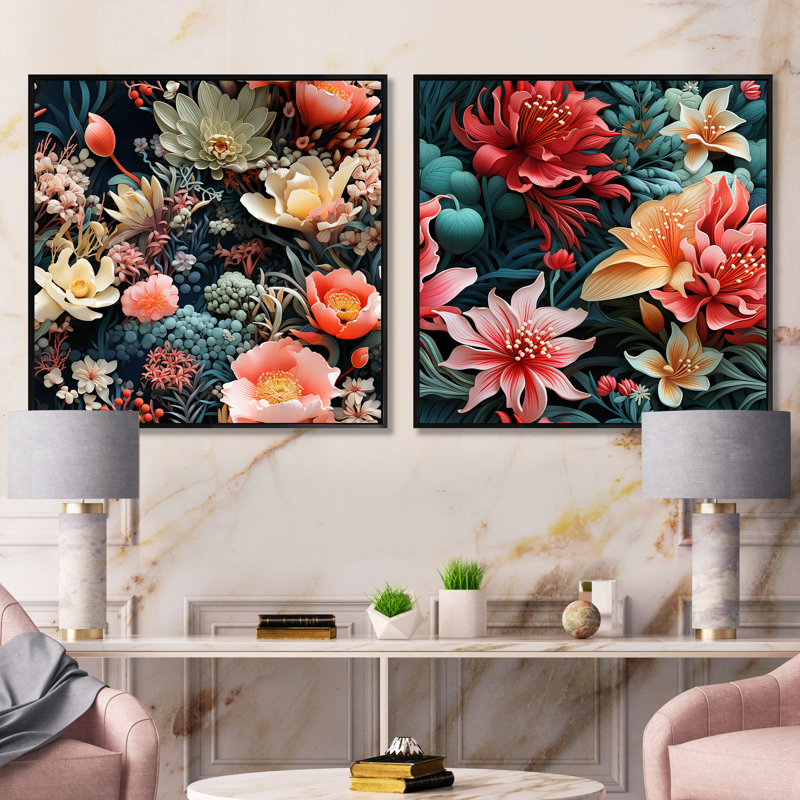 Northledge - Ensemble de 2 collages carrés floraux, Cadre flottant noir, H 30 po x l 61 po