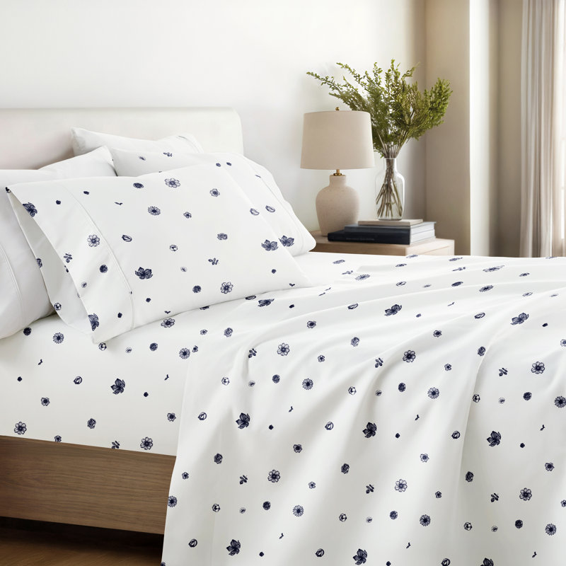 Home Indigo Flowers Pattern Microfiber Sheet Set, King