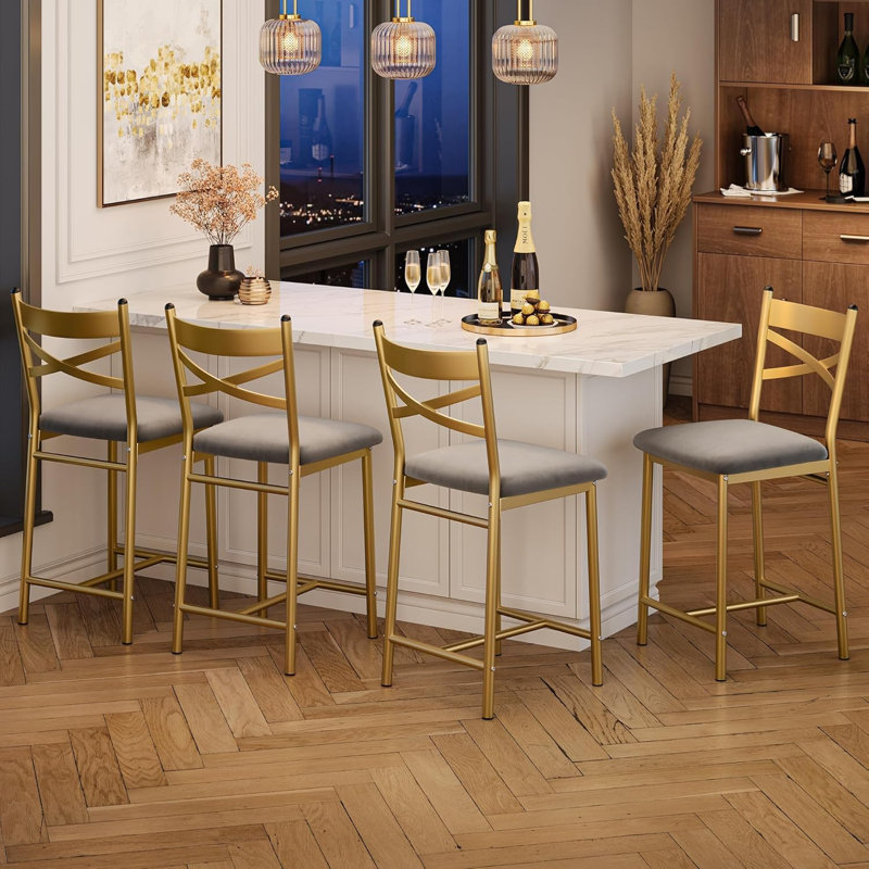 26" Bar Stools Set of 4, Counter Height Bar Stools with PU Upholstered Seat, Metal Frame Kitchen Bar Chairs with X-Design Back and Footrest for Kitchen Island, Counter Bar, Dining Room