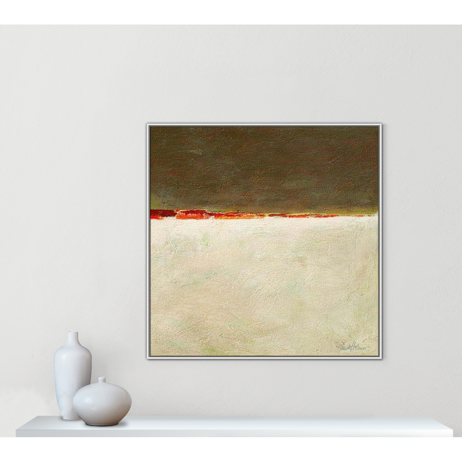 Orange Horizon I by Renate Holzner, 46.5'' H x 46.5'' W x 2'' D, White Framed