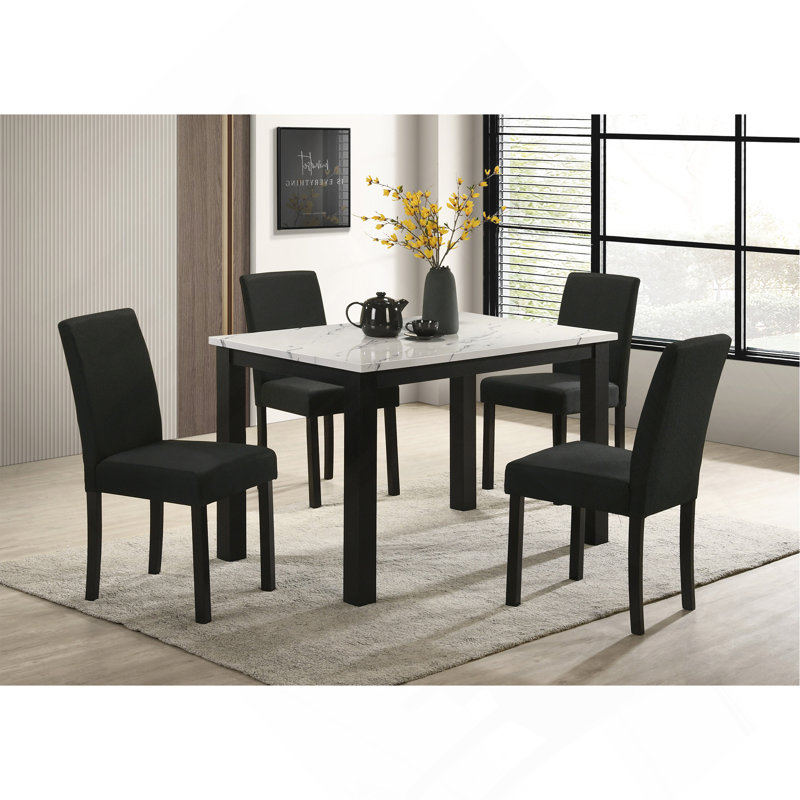 Chaises rembourrées en peluche de 5 pièces avec dessus en faux marbre blanc et gris anthracite, Blanc / Blanc, Noir