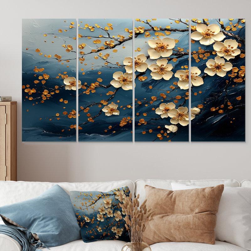 «Blue Cherry Blossom Branches On Mountain II», ensemble d'art sur toile Cherry Blossom, H 28 po x l 48 po