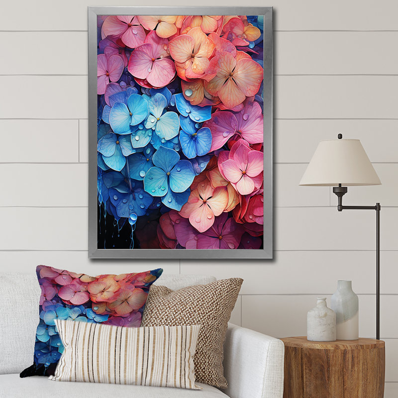 Hydrangées bleues et roses - Pétales surréels, Cadre photo argenté, H 40 po x l 30 po x P 1,5 po
