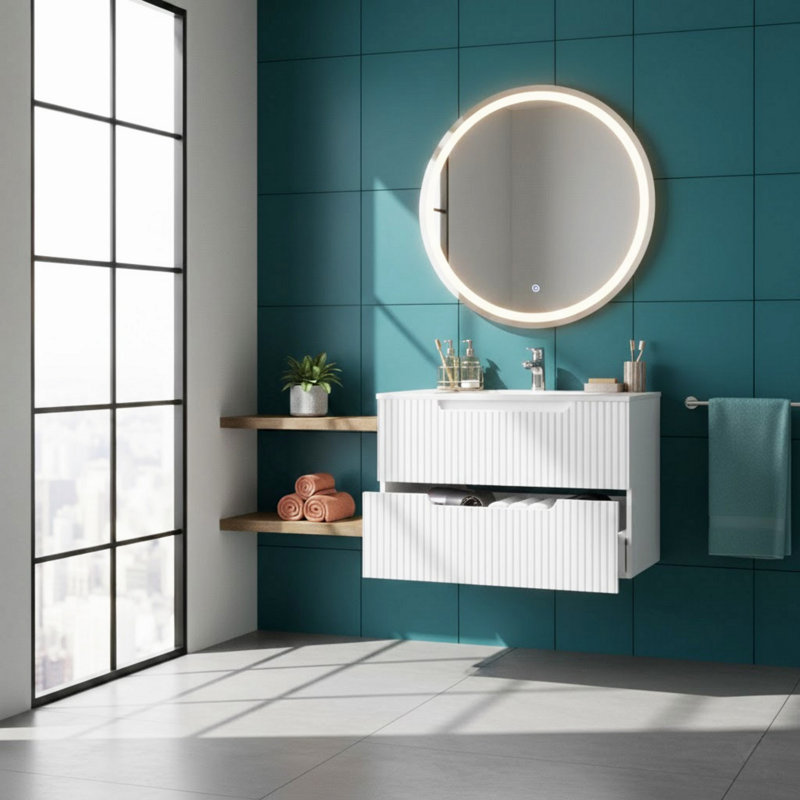 Meuble-lavabo mural avec lavabo, armoire de salle de bain flottante avec système de fermeture en douceur, Blanc, 30"