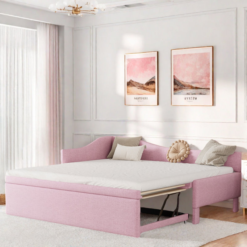 Upholstered L-shaped Upholstered Daybed With Pop Up Trundle, Pink