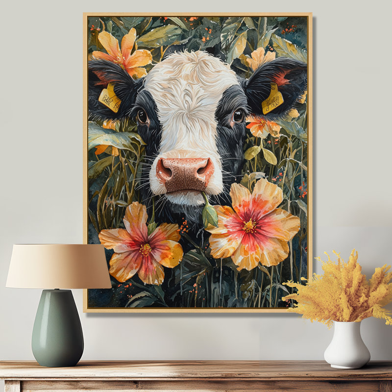 Peinture sur toile de vache Kenniya - Hibiscus, H 32 po x l 24 po, Impression encadrée flottante, Crème, crème
