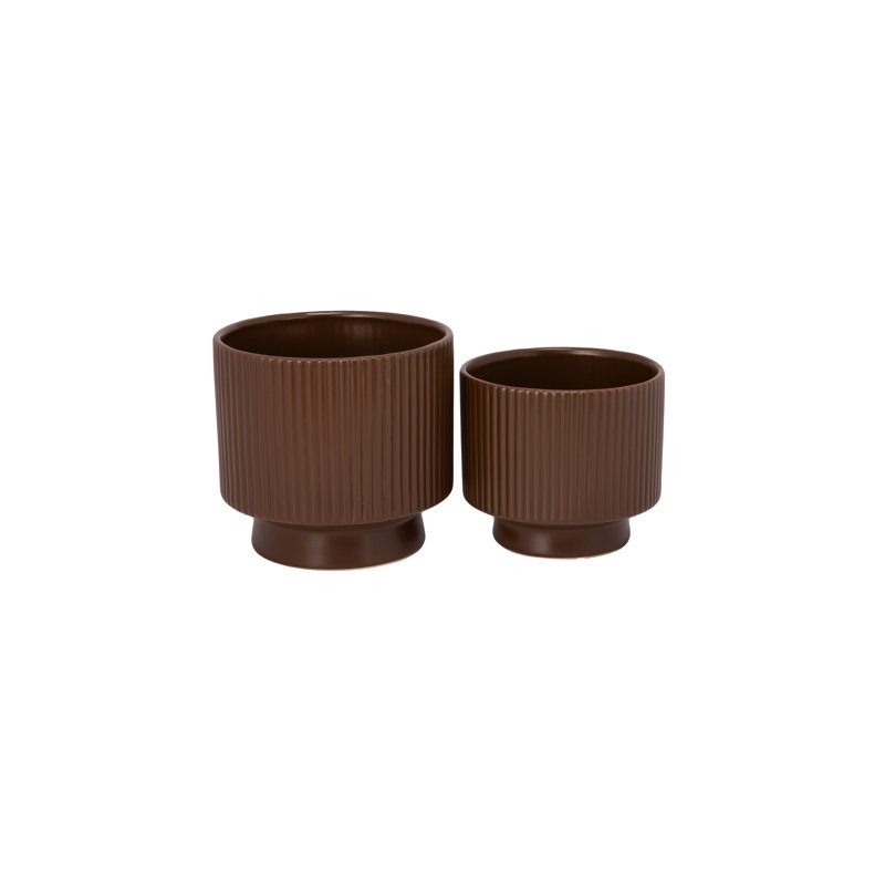 Ceramic Pot With Stand Set Of Two Matte Brown