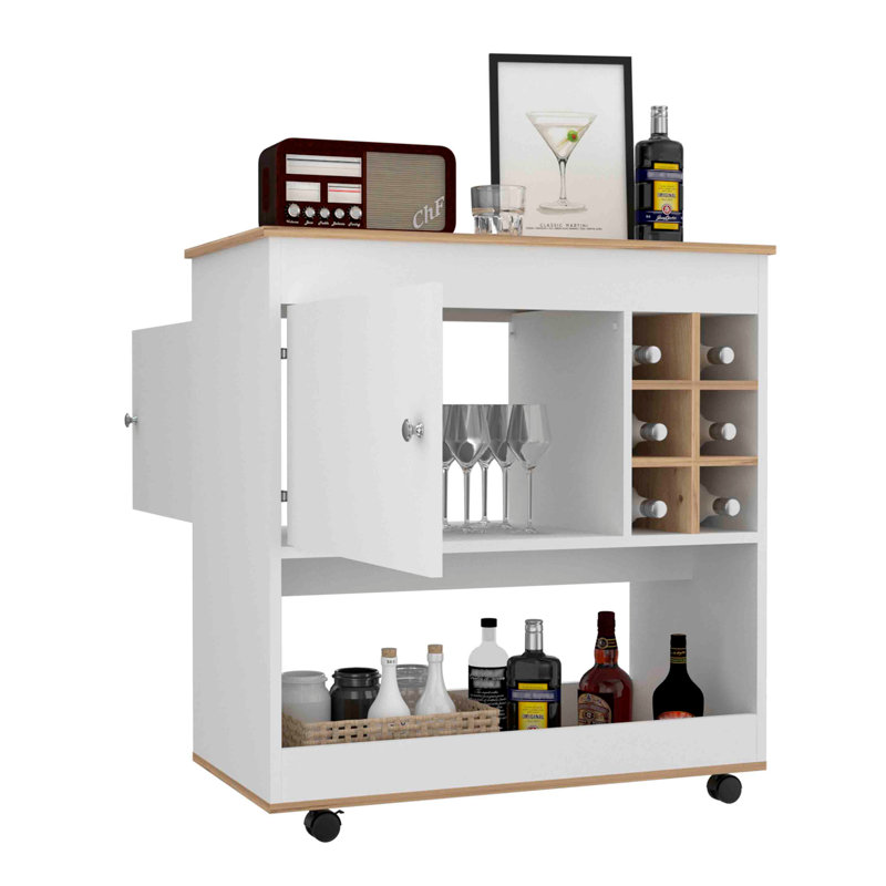 Chariot-bar moderne, panneau inférieur, six casiers à bouteilles, une armoire - chêne clair / blanc, Blanc