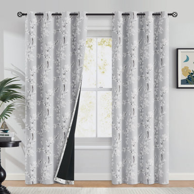 Rideaux 100% occultant pour la chambre à coucher, rideaux de 84 po de long à motif de fleurs pour le salon, 2 panneaux à œillets, gris