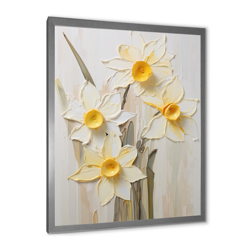 Minimalisme crème, jonquilles sur toile, Cadre simple argenté, H 44 po x l 34 po x P 1,5 po