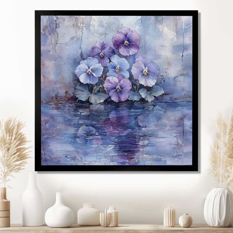 «Pansy Flowers Reflections By The Lake II - Pansies», art mural sur toile, H 30 po x l 30 po, Noir, noir, noir, noir