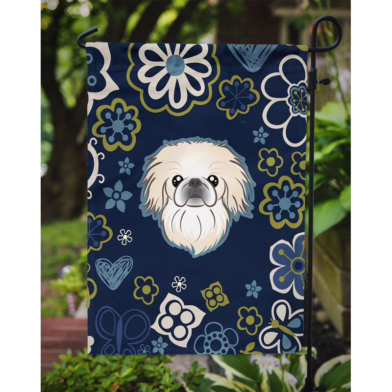Terrier en fleurs à 2 côtés en polyester 15 x 11,5 po drapeau de jardin, Pékinois (bleu)