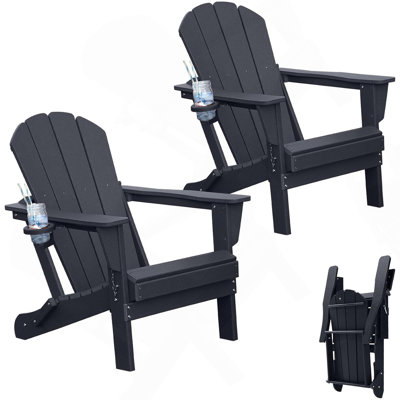 Adirondack Chairs Set of 2, Plastic Adirondack Chair, Adirondack Chairs, HDPE Adirondack Chair, Folding Adirondack Chairs, Outdoor Chairs with Cup Holder for Lawn Patio Deck Fire Pit -Dark Blue