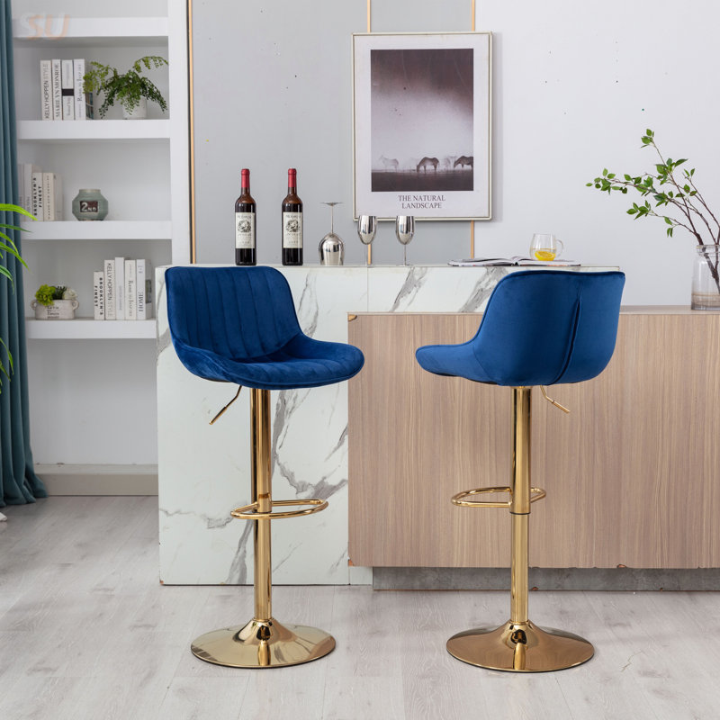 Chrome Footrest And Base Swivel Height Adjustable Mechanical Lifting Velvet Bar Stools With Golden Legs, Set Of 2, Bar Stool