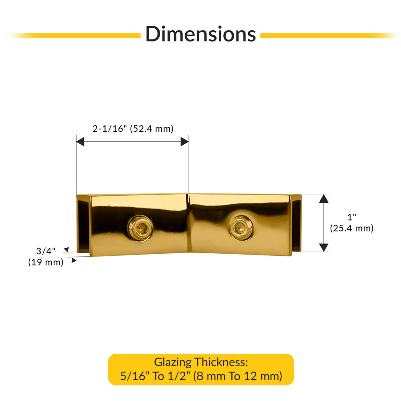 Pince à 135 degrés sur verre pour douille en verre poli de 5/16 po à 1/2 po (8 mm à 12 mm) d'épaisseur, Laiton poli