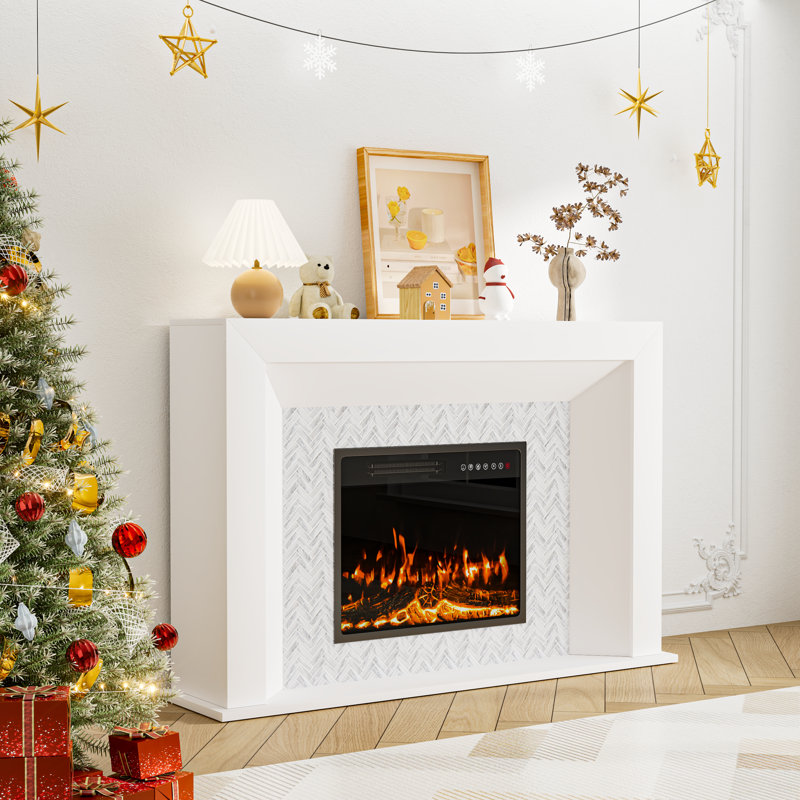 53.5" Electric Fireplace Heater Mantel Tv Stand With Remote Control, Overheat Protection Gray, Gray/White Chevron