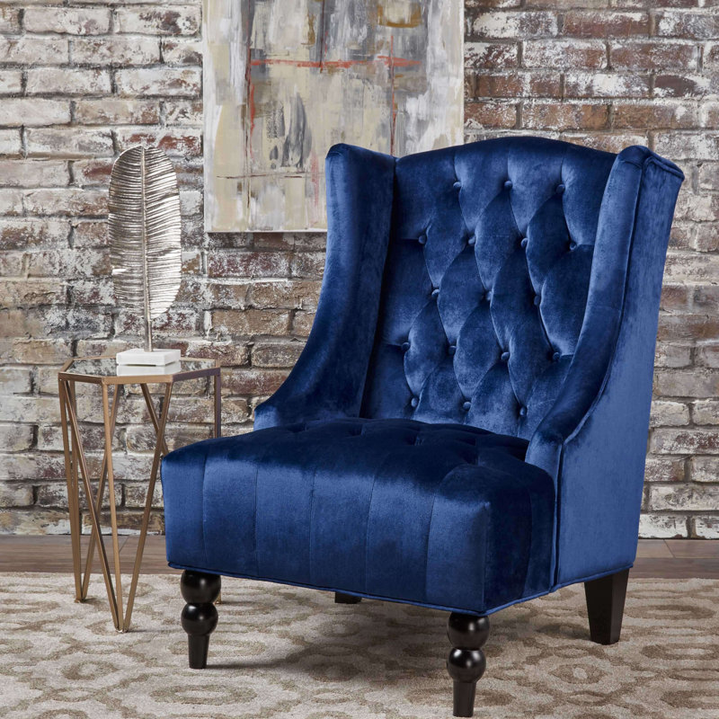 Fauteuil club en velours à haut dossier, fauteuil à oreilles rembourré, bleu marine