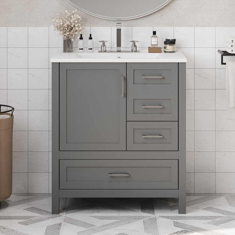 Ensemble de meuble-lavabo 30 po avec lavabo, armoire de rangement avec porte à fermeture en douceur, 3 tiroirs à fermeture en douceur et plateau amovible, cadre en bois massif