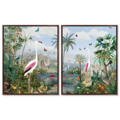 Oliver Gal Paradise Chinois Duo Animal Landscape - Heavy Gel Top Coat Framed Canvas Art