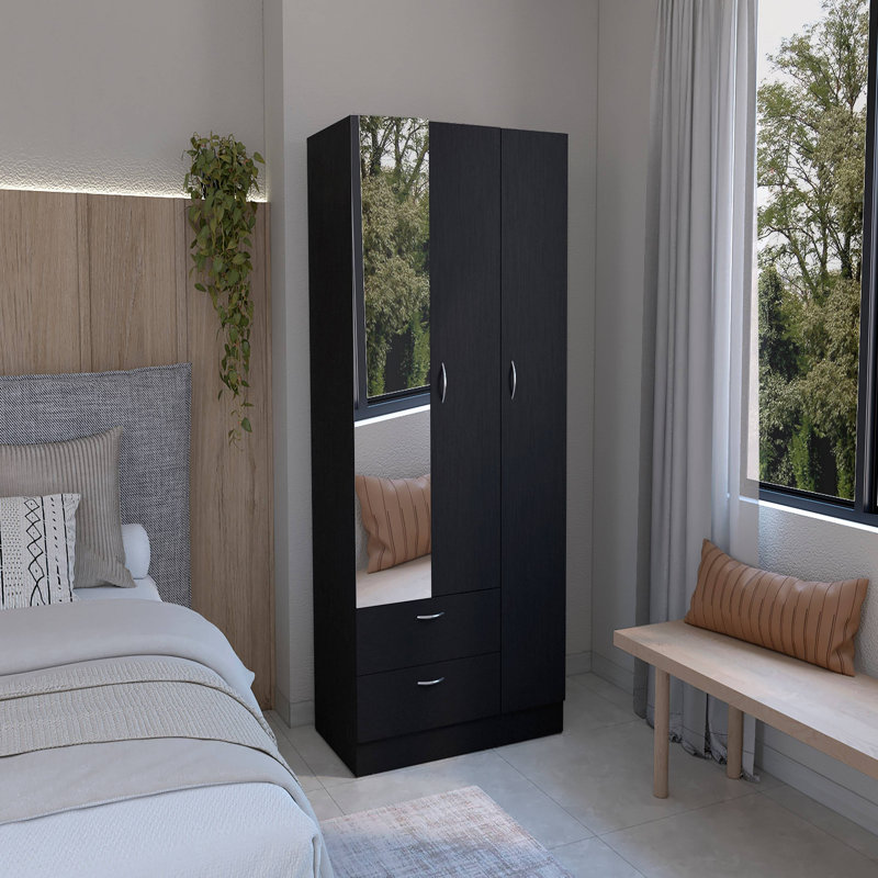 Armoire à miroir 3 portes Riverside avec deux tiroirs, quatre tablettes et une tringle, Black