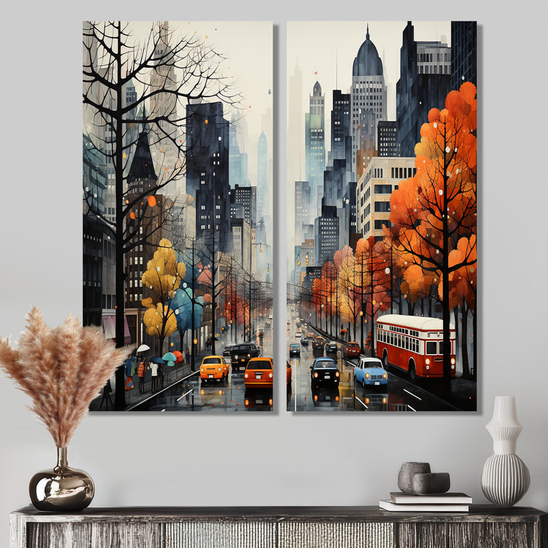 Ensemble de 2 décorations murales Bold Cityscape Urban Fog III - Orange, 32" H x 32" W, Wrapped Canvas, Does Not Apply
