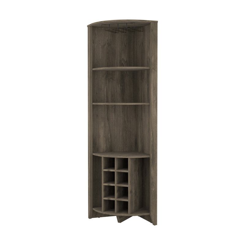 Bouvet Corner Bar Cabinet with 3 Shelves, 8 Wine Cubbies, Cup Rack, and 2 Side Shelves, Black Wenge, Dark Brown