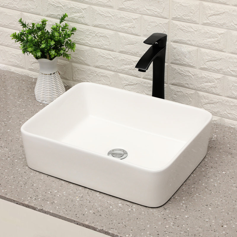19"X15" Ceramic Vessel Bathroom Sink In White With Matte Black Faucet Faucet,