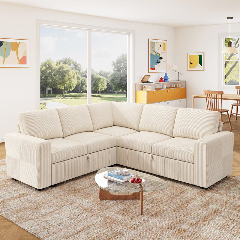 Honbay L Shaped Sleeper Sectional Sofa Couch With Storage Seat Beige, Beige Corduroy