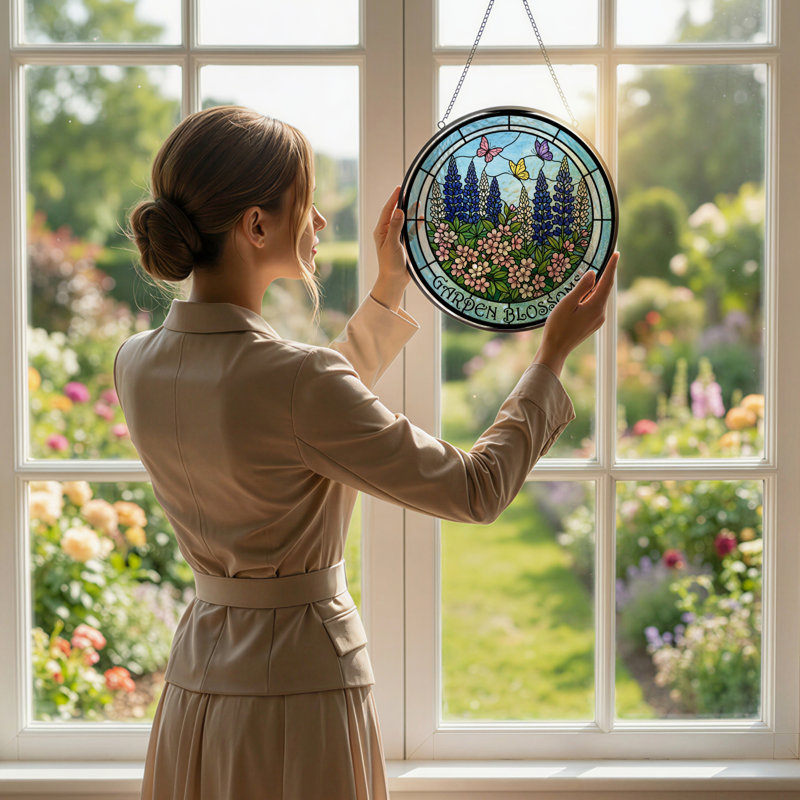 7.8"H Garden Blossoms Stained Glass Window Panel, 7.8" H x 7.8" W
