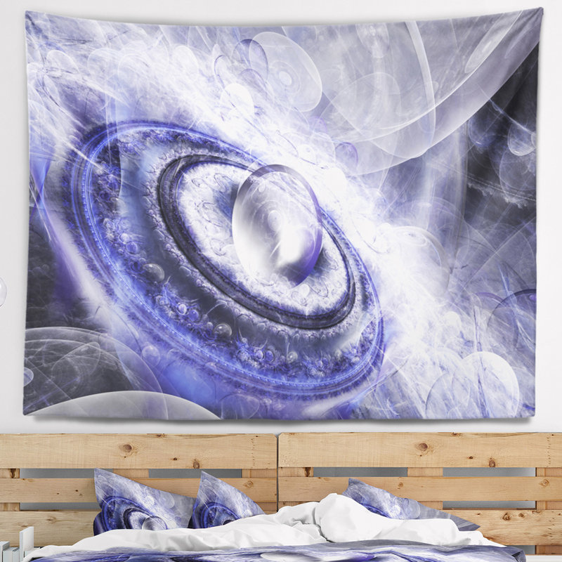 Tapisserie florale avec magnifique soucoupe volante bleue, H 32 po x l 39 po