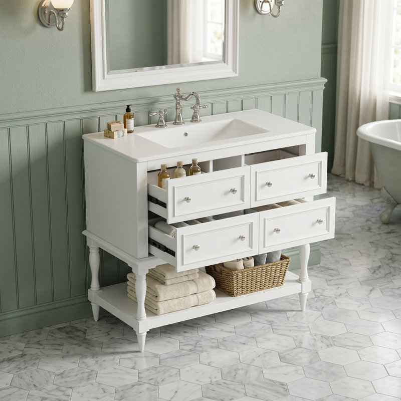 Ensemble de meuble-lavabo autoportant 36 po avec lavabo encastré en céramique 36 po blanc 4 tiroirs avec cadre en bois massif