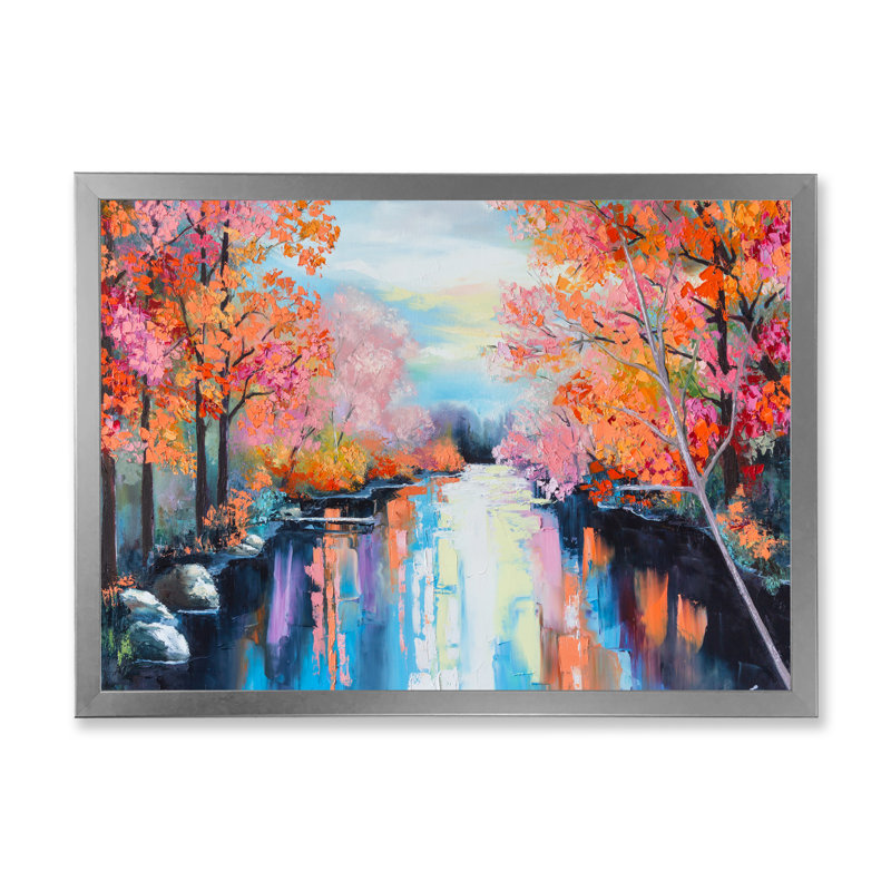 «Orange Autumn Forest by the River», peinture sur toile, Cadre photo argenté, H 30 po x l 40 po x 1,5 po